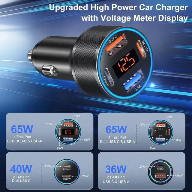 Alt view image 3 of 7 - 4-Port 65W Dual 12V USB-A & USB-C Car Charger with Voltmeter, PD/QC 3.0 Fast Charging Cigarette Lighter Adapter for iPhone 16e/15/14/13/12/11 Pro Max, Samsung, Android (B