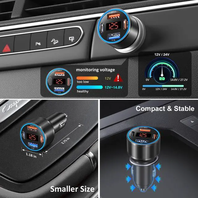 Alt view image 7 of 7 - 4-Port 65W Dual 12V USB-A & USB-C Car Charger with Voltmeter, PD/QC 3.0 Fast Charging Cigarette Lighter Adapter for iPhone 16e/15/14/13/12/11 Pro Max, Samsung, Android (B