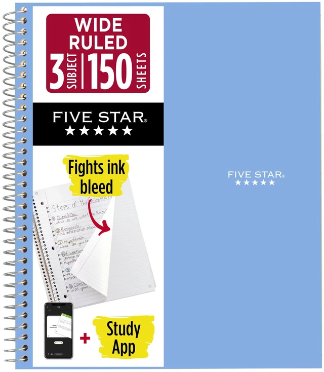 Main image of Five Star 73184 3 Subject Wide Ruled Spiral Notebook + Study App, 150 Sheets, 8" x 10.5", Fights Ink Bleed, Water Resistant Cover, Tidewater Blue