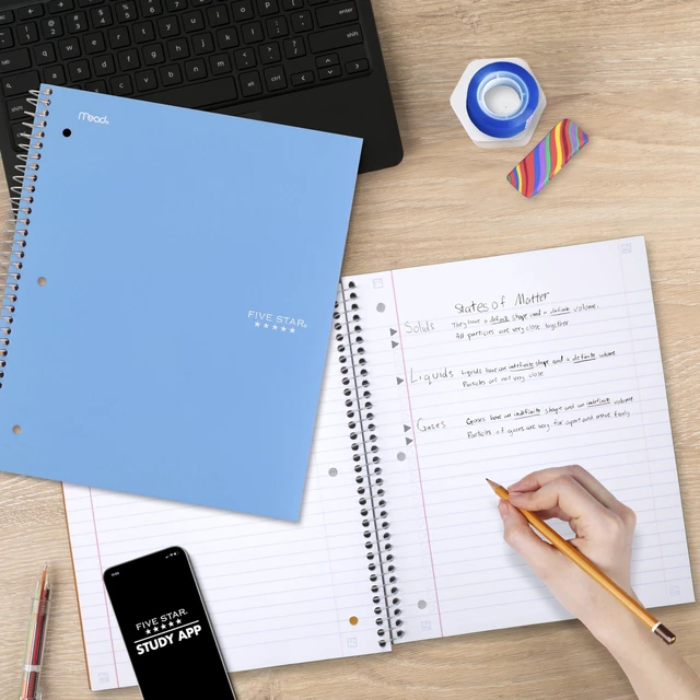 Alt view image 5 of 6 - Five Star 73184 3 Subject Wide Ruled Spiral Notebook + Study App, 150 Sheets, 8" x 10.5", Fights Ink Bleed, Water Resistant Cover, Tidewater Blue