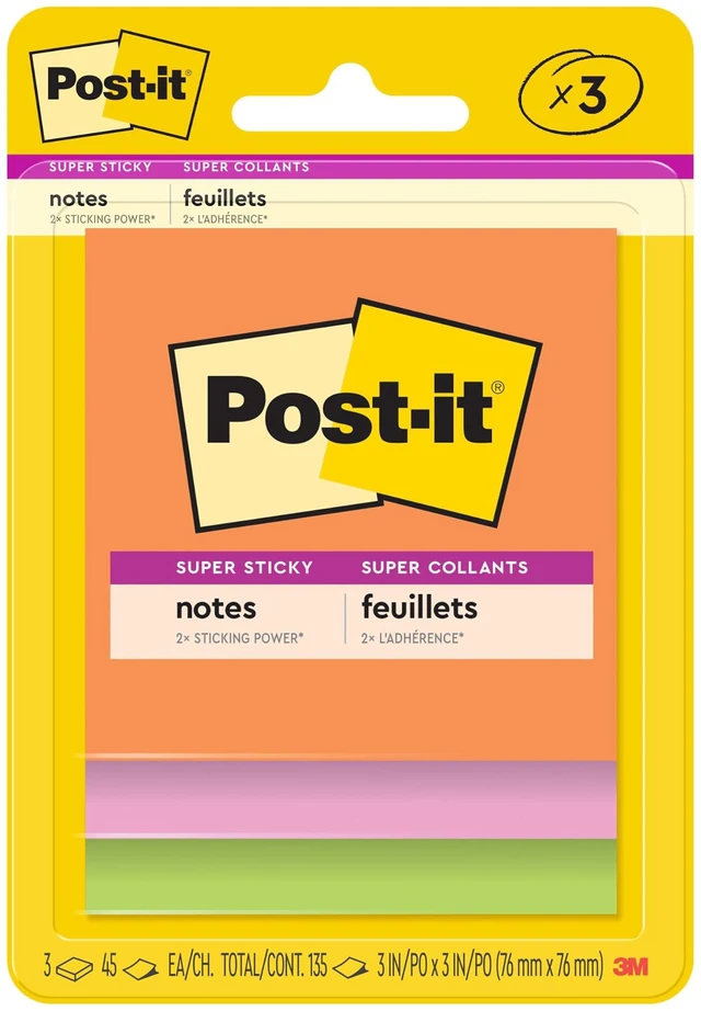 Main image of Post-it Super Sticky Notes, 3 x 3 in, Neon Fizz, 3 Pads, 45 Sheets/Pad