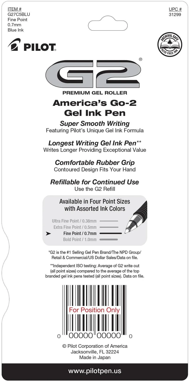 Alt view image 3 of 6 - PILOT G2 Premium Gel Roller Pen, Fine Point, Blue Ink, 5-Pack