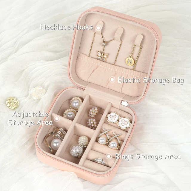 Alt view image 3 of 6 - MFXIP Small Travel Jewelry Case - Portable PU Leather Mini Organizer for Earrings, Necklaces, Rings, Bracelets - Gift for Women Girls