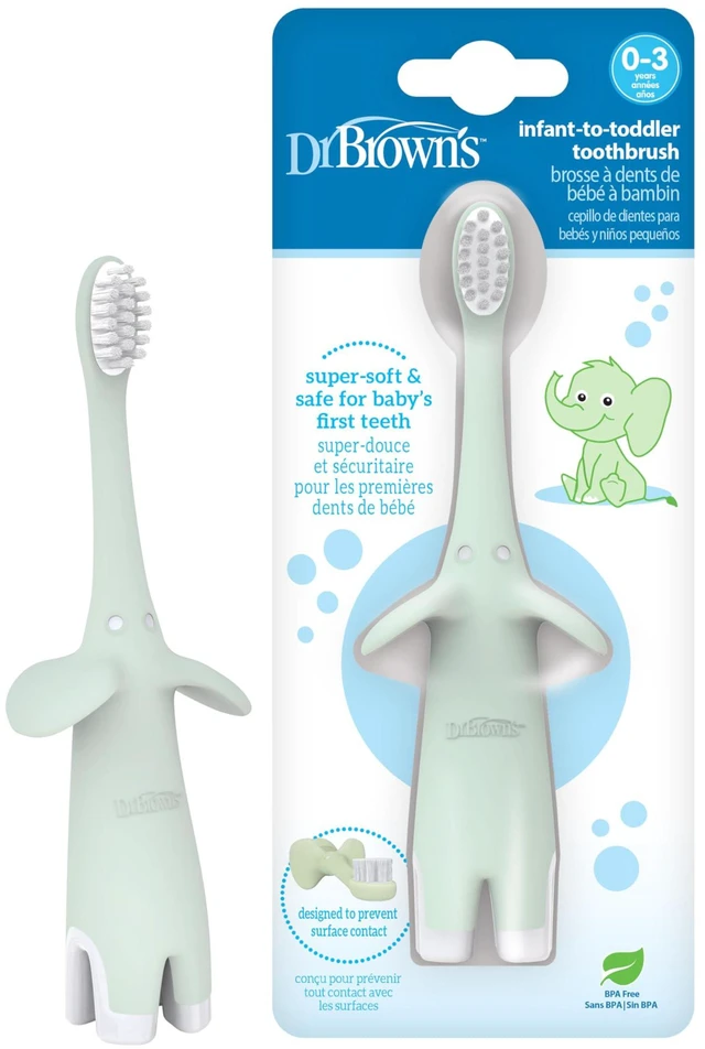 Main image of Dr. Brown's Infant-to-Toddler Toothbrush, Mint Elephant, 0-3 Years