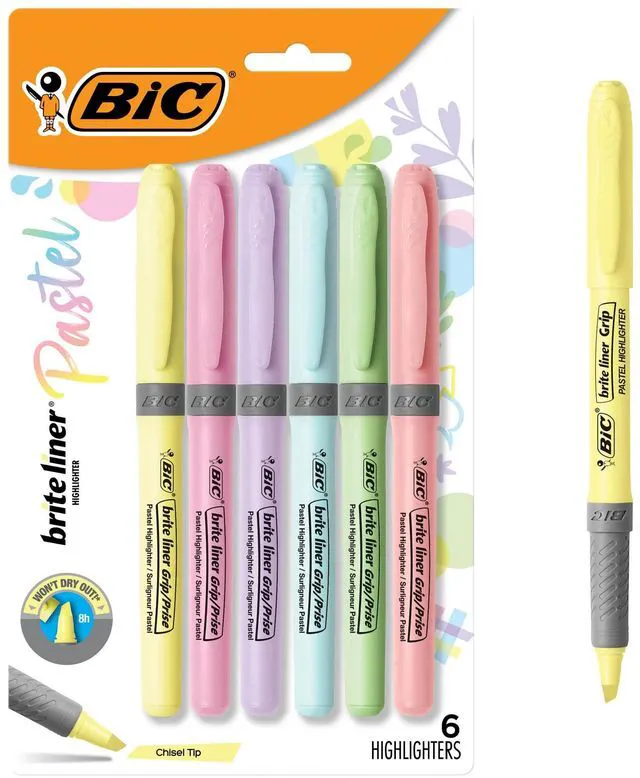 Main image of BIC Brite Liner Grip Pastel Highlighters, Chisel Tip, 6-Count