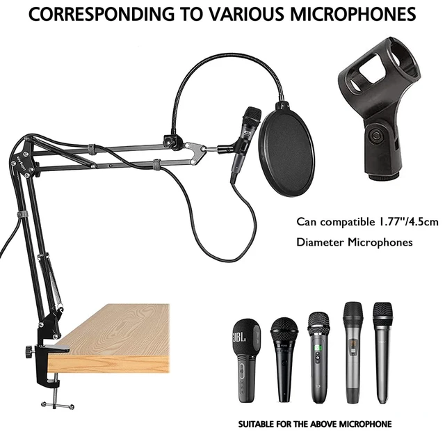 Alt view image 6 of 6 - Heavy Duty Boom Arm Scissor Mic Stand for Blue Yeti, Quadcast with Windscreen and Double-Layered Pop Filter, Broadcasting, Recording, Game