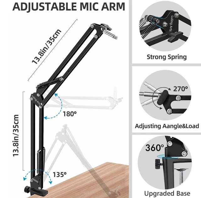 Alt view image 2 of 6 - Heavy Duty Boom Arm Scissor Mic Stand for Blue Yeti, Quadcast with Windscreen and Double-Layered Pop Filter, Broadcasting, Recording, Game