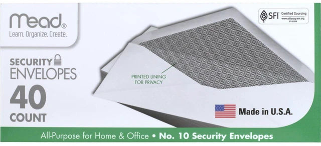 Main image of Mead #10 Envelopes, Letter Size, 4-1/8" x 9-1/2", Security Printed Lining, Gummed Closure, Windowless, White, 40 Count (75214)