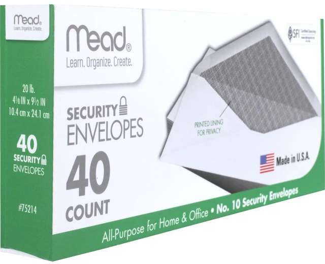 Alt view image 3 of 5 - Mead #10 Envelopes, Letter Size, 4-1/8" x 9-1/2", Security Printed Lining, Gummed Closure, Windowless, White, 40 Count (75214)