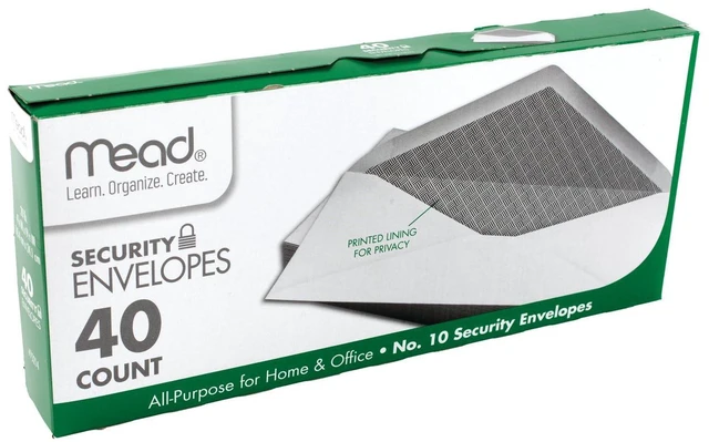 Alt view image 5 of 5 - Mead #10 Envelopes, Letter Size, 4-1/8" x 9-1/2", Security Printed Lining, Gummed Closure, Windowless, White, 40 Count (75214)