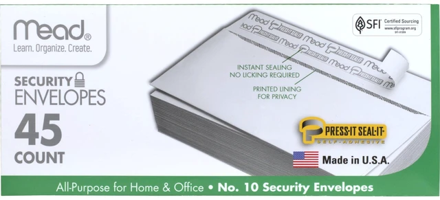 Main image of Mead 75026 #10 Security Business Envelopes, Letter Size 4-1/8" x 9-1/2", Peel and Seal, Privacy Lined, No-Window, Press-It Seal-It Self-Adhesive, 45 Count