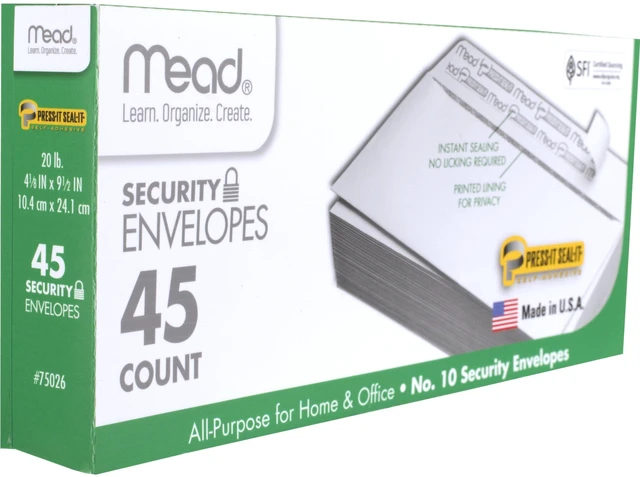 Alt view image 5 of 5 - Mead 75026 #10 Security Business Envelopes, Letter Size 4-1/8" x 9-1/2", Peel and Seal, Privacy Lined, No-Window, Press-It Seal-It Self-Adhesive, 45 Count