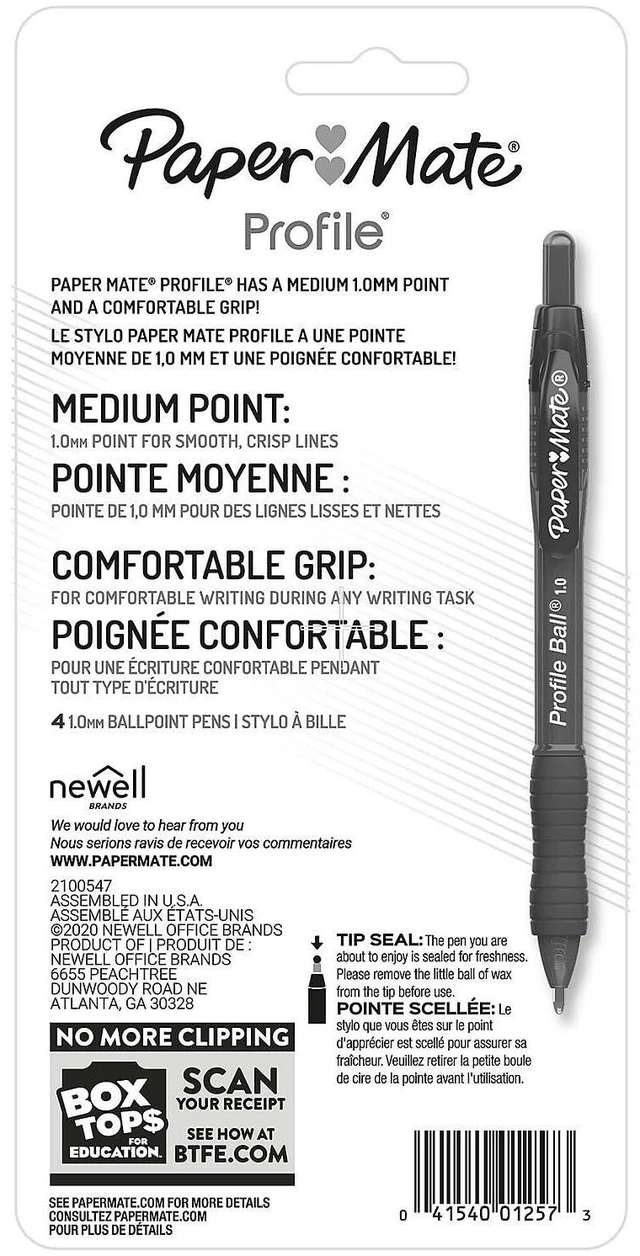 Alt view image 6 of 6 - Paper Mate Profile Retractable Ballpoint Pen, Medium 1mm, Black Ink, Translucent Black Barrel, 4-Pack