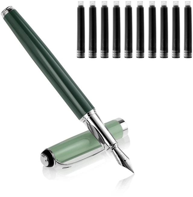 Main image of Cobee Metal Fountain Pen with 10 Black Ink Cartridges, 0.5mm Fine Nib, Smooth Writing, Luxury Calligraphy Pen, Green