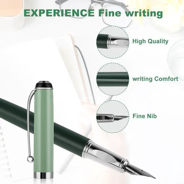Alt view image 2 of 7 - Cobee Metal Fountain Pen with 10 Black Ink Cartridges, 0.5mm Fine Nib, Smooth Writing, Luxury Calligraphy Pen, Green