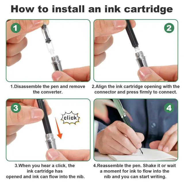 Alt view image 7 of 7 - Cobee Metal Fountain Pen with 10 Black Ink Cartridges, 0.5mm Fine Nib, Smooth Writing, Luxury Calligraphy Pen, Green