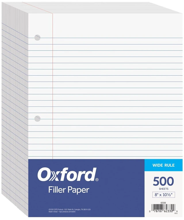 Main image of Oxford Filler Paper 62330, 8 x 10-1/2 Inch Wide Ruled, 3 Hole Punch, Loose Leaf, 500 Sheets, White