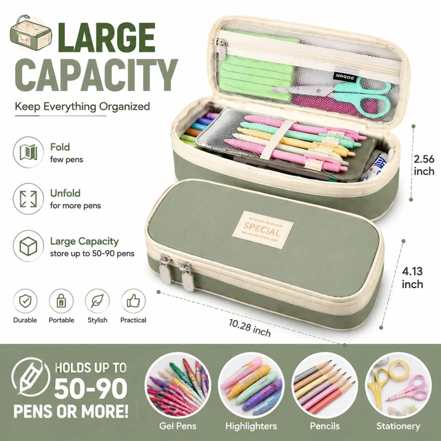 Alt view image 7 of 7 - PUPTILY Large Capacity Aesthetic Pencil Case with Durable Zipper, Portable Storage Organizer Bag for Women, Men, Adults, College, Office, Travel (Green)