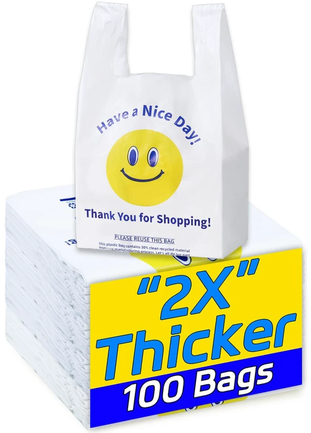 Main image of YovhVon 0.8Mil (20 Microns) Plastic Bags with Handles, T-Shirt Bags, 100 Count, White, Large 11"x6"x21", 1/6 Barrel, Heavy Duty