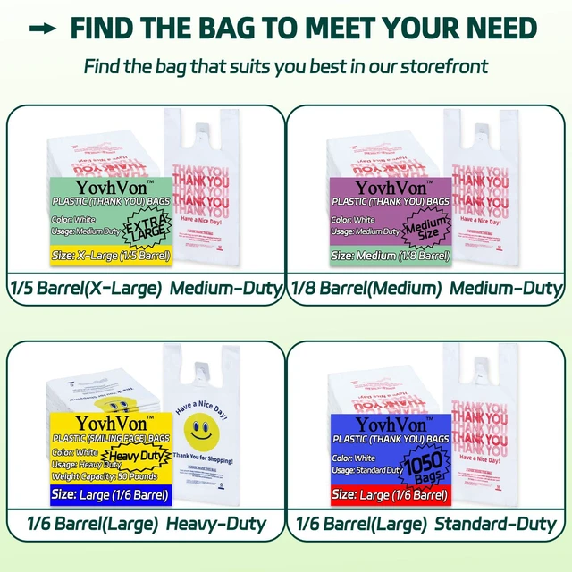 Alt view image 3 of 6 - YovhVon 0.8Mil (20 Microns) Plastic Bags with Handles, T-Shirt Bags, 100 Count, White, Large 11"x6"x21", 1/6 Barrel, Heavy Duty