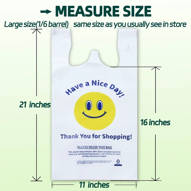 Alt view image 4 of 6 - YovhVon 0.8Mil (20 Microns) Plastic Bags with Handles, T-Shirt Bags, 100 Count, White, Large 11"x6"x21", 1/6 Barrel, Heavy Duty