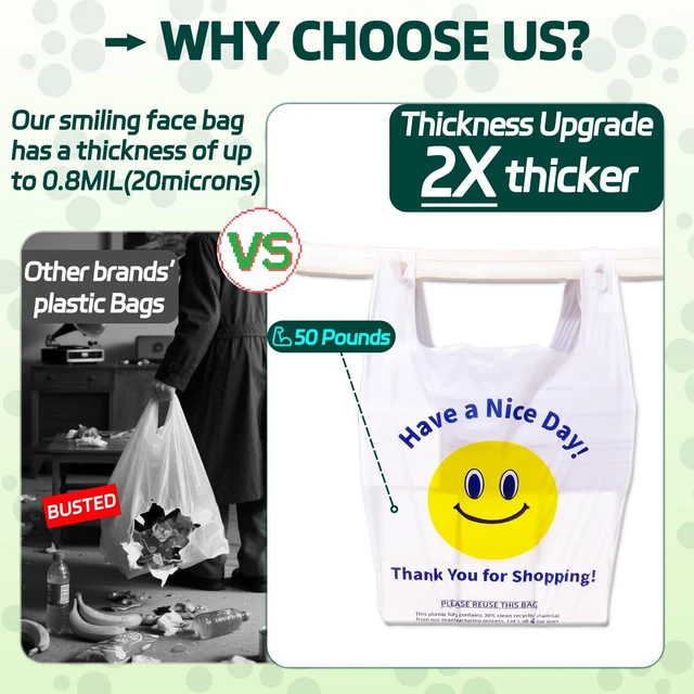 Alt view image 5 of 6 - YovhVon 0.8Mil (20 Microns) Plastic Bags with Handles, T-Shirt Bags, 100 Count, White, Large 11"x6"x21", 1/6 Barrel, Heavy Duty