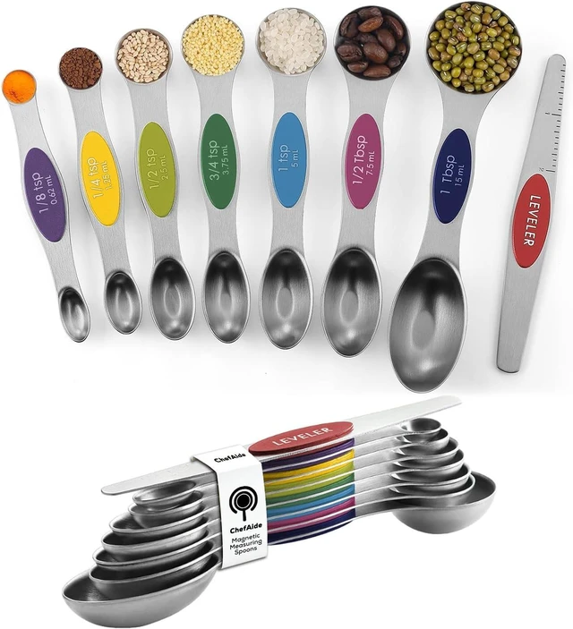 Main image of ChefAide Set of 8 Magnetic Measuring Spoons, Stainless Steel, Dual Sided