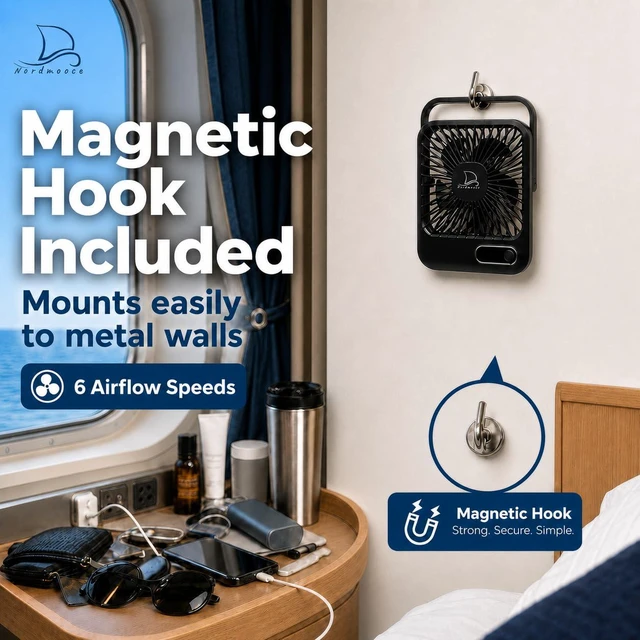 Alt view image 2 of 6 - Portable USB Rechargeable & Plug-In Cruise Fan with Magnetic Hook, Timer, 5-Speed Adjustable, White Noise, Long Battery Life, Cabin Approved for 2026 Cruises