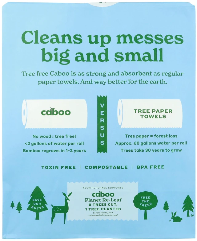 Main image of Caboo Tree Free Paper Towels, 2 Rolls, Plastic Free, Earth Friendly, Sustainable, Strong 2 Ply Sheets