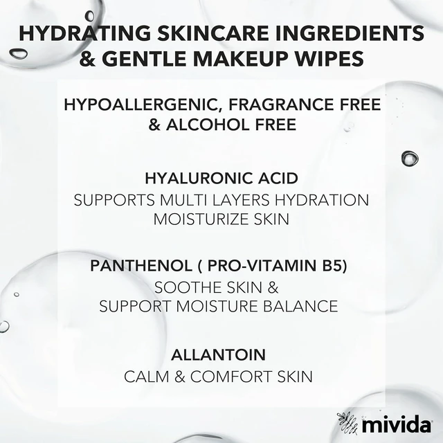 Alt view image 2 of 6 - Mivida Hypoallergenic Makeup Remover Wipes with Hyaluronic Acid, Dermatologist Tested, Alcohol Free, Fragrance Free, for Sensitive Skin, Travel Friendly, 2 x 25 Count