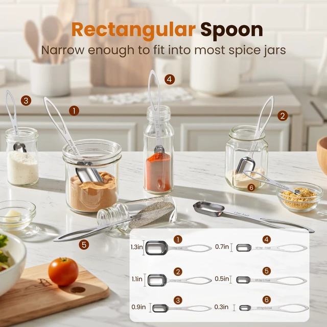 Alt view image 2 of 6 - 6PCS Stainless Steel Narrow Measuring Spoons Set, Rectangular Tablespoon, Long Teaspoon, Fits in Spice Jars, for Dry & Liquid Ingredients