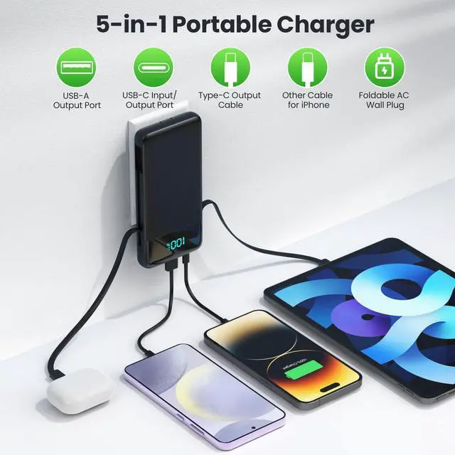 Alt view image 6 of 7 - Portable Charger with Built-in AC Plug and Cables,13800mAh All in One USB C Fast Charging Power Bank,Travel Essentials Portable Phone Charger Battery Pack for iPhone 17/16/15/14/13,Galaxy,Android etc