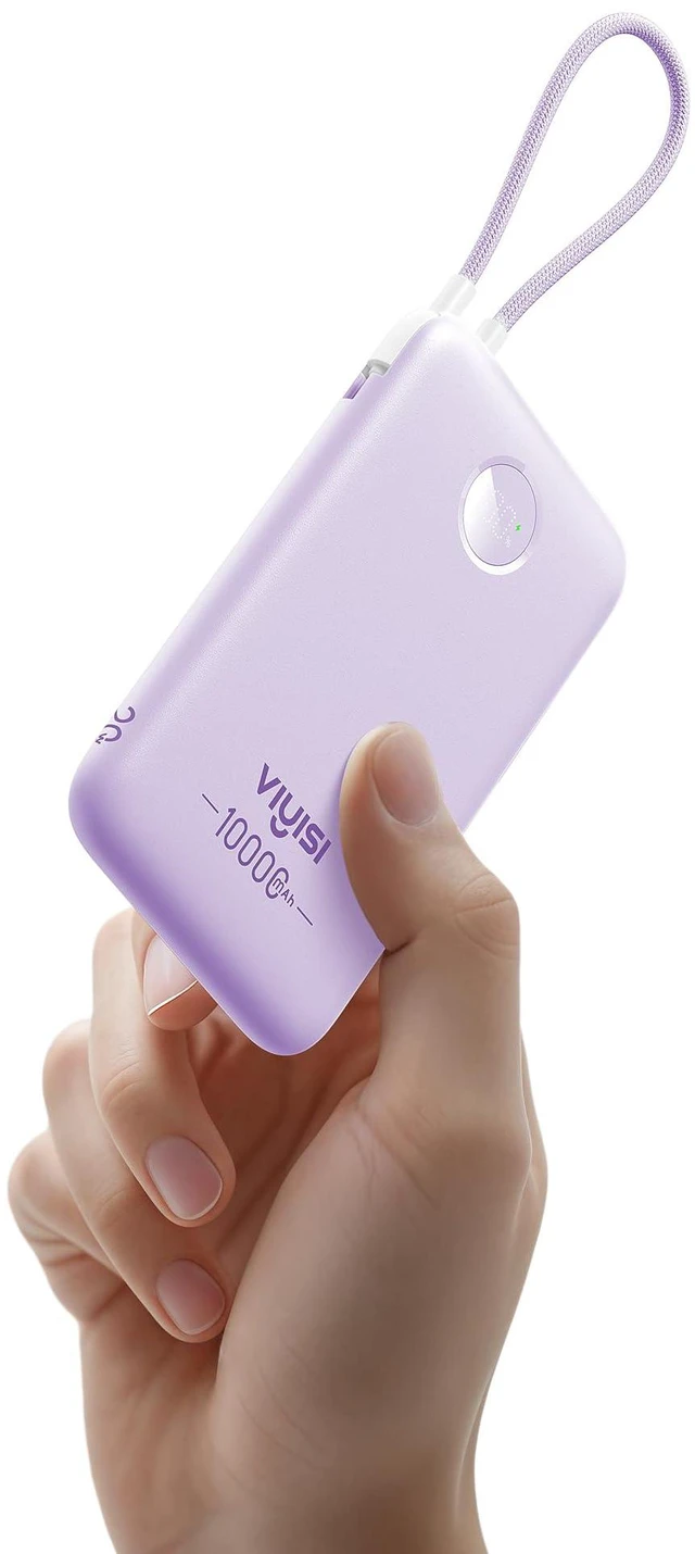 Main image of Slim Portable Charger Power Bank 10000mAh, Stylish PD 20W Fast Charging Compact Battery Pack with Built-in USB C Cable, Travel Essential for iPhone 17 16 15, Samsung, Android - Purple
