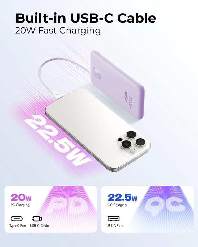 Alt view image 3 of 7 - Slim Portable Charger Power Bank 10000mAh, Stylish PD 20W Fast Charging Compact Battery Pack with Built-in USB C Cable, Travel Essential for iPhone 17 16 15, Samsung, Android - Purple