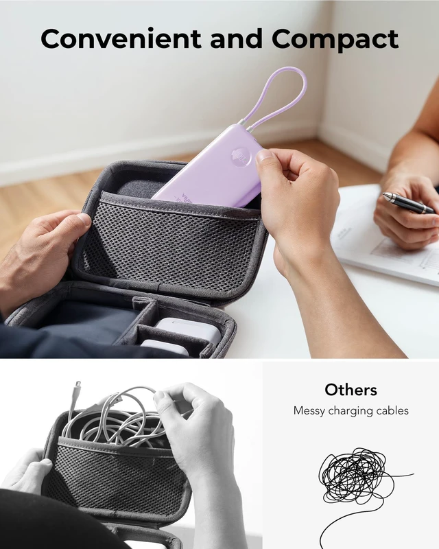Alt view image 4 of 7 - Slim Portable Charger Power Bank 10000mAh, Stylish PD 20W Fast Charging Compact Battery Pack with Built-in USB C Cable, Travel Essential for iPhone 17 16 15, Samsung, Android - Purple