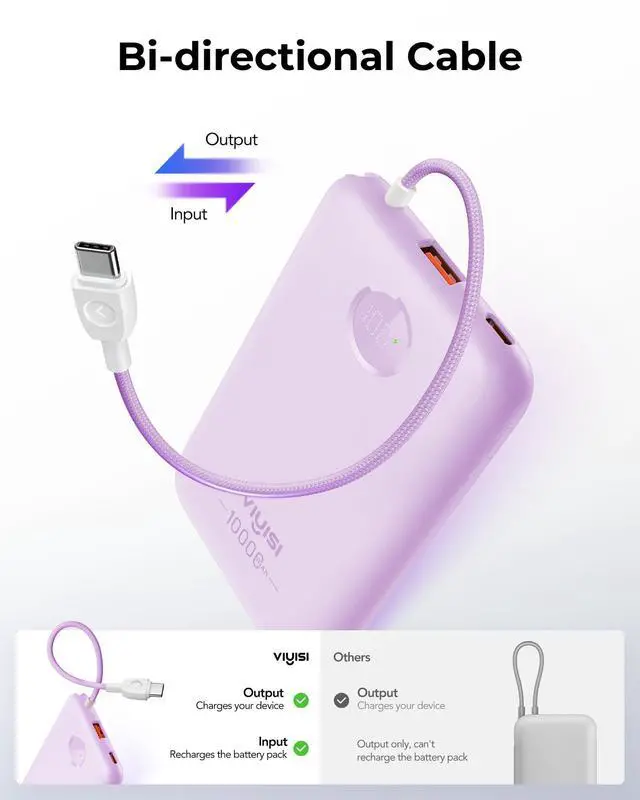 Alt view image 5 of 7 - Slim Portable Charger Power Bank 10000mAh, Stylish PD 20W Fast Charging Compact Battery Pack with Built-in USB C Cable, Travel Essential for iPhone 17 16 15, Samsung, Android - Purple