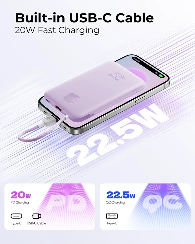 Alt view image 6 of 7 - Slim Portable Charger Power Bank 10000mAh, Stylish PD 20W Fast Charging Compact Battery Pack with Built-in USB C Cable, Travel Essential for iPhone 17 16 15, Samsung, Android - Purple