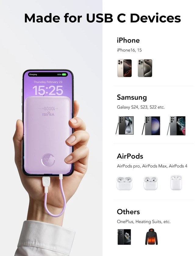 Alt view image 7 of 7 - Slim Portable Charger Power Bank 10000mAh, Stylish PD 20W Fast Charging Compact Battery Pack with Built-in USB C Cable, Travel Essential for iPhone 17 16 15, Samsung, Android - Purple