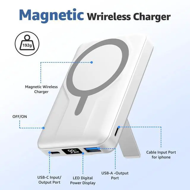 Alt view image 2 of 7 - Magnetic Power Bank,10000mAh for MagSafe Battery Pack, 22.5W PD Fast Charging,LED Display & Foldable Stand Wireless Portable Charger for iPhone 17/16/15/14/13/12/Pro/Pro Max/Plus,Pearl White