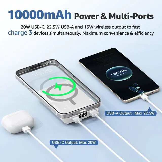 Alt view image 4 of 7 - Magnetic Power Bank,10000mAh for MagSafe Battery Pack, 22.5W PD Fast Charging,LED Display & Foldable Stand Wireless Portable Charger for iPhone 17/16/15/14/13/12/Pro/Pro Max/Plus,Pearl White
