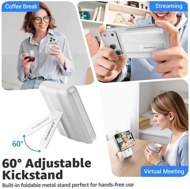 Alt view image 6 of 7 - Magnetic Power Bank,10000mAh for MagSafe Battery Pack, 22.5W PD Fast Charging,LED Display & Foldable Stand Wireless Portable Charger for iPhone 17/16/15/14/13/12/Pro/Pro Max/Plus,Pearl White