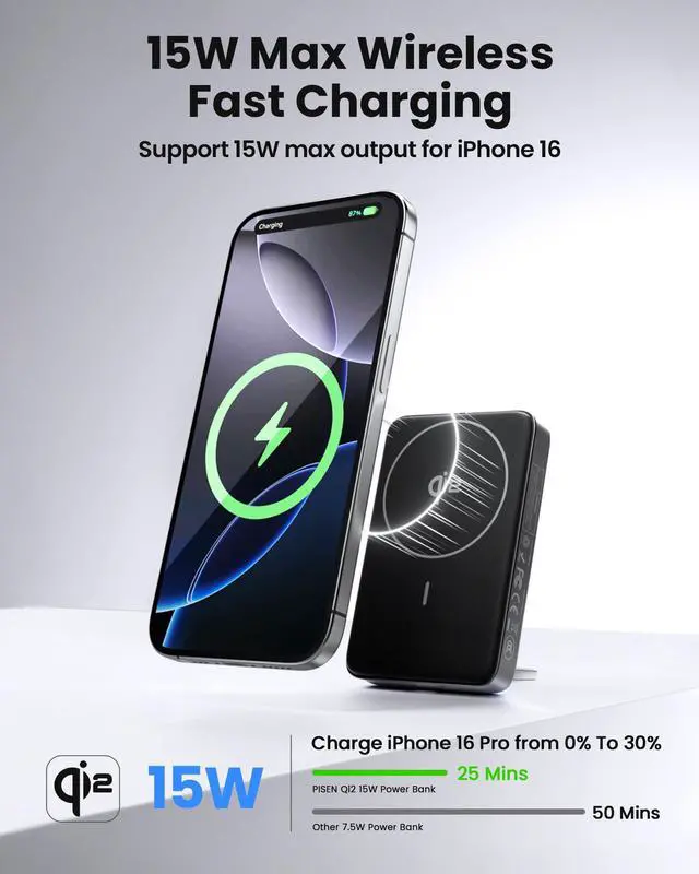 Alt view image 2 of 7 - 3C Wireless Power Bank - 10000mAh (5000mAh*2) Qi2 Wireless Portable Charger 30W 3C Certified Qi2 Power Bank with Stand Airplane Safe Magnetic CCC Travel Portable Charger for iPhone 17/16/15/14