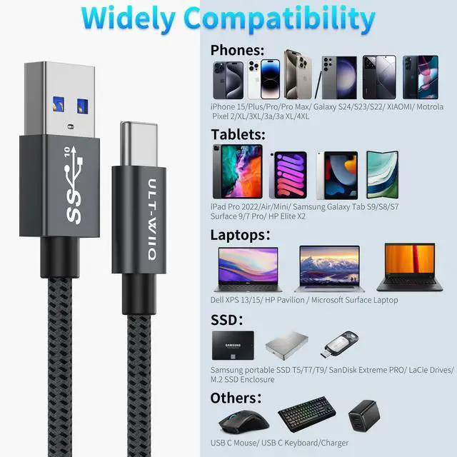 Alt view image 7 of 7 - USB A to USB C Cable High Speed 10Gbps Data Transfer USB Type C Cable Fast Charging QC 3.0 AFC Braided USB to USB C Charger Cable for iPhone 15 Series Samsung and More Smartphone 3.3FT, Grey