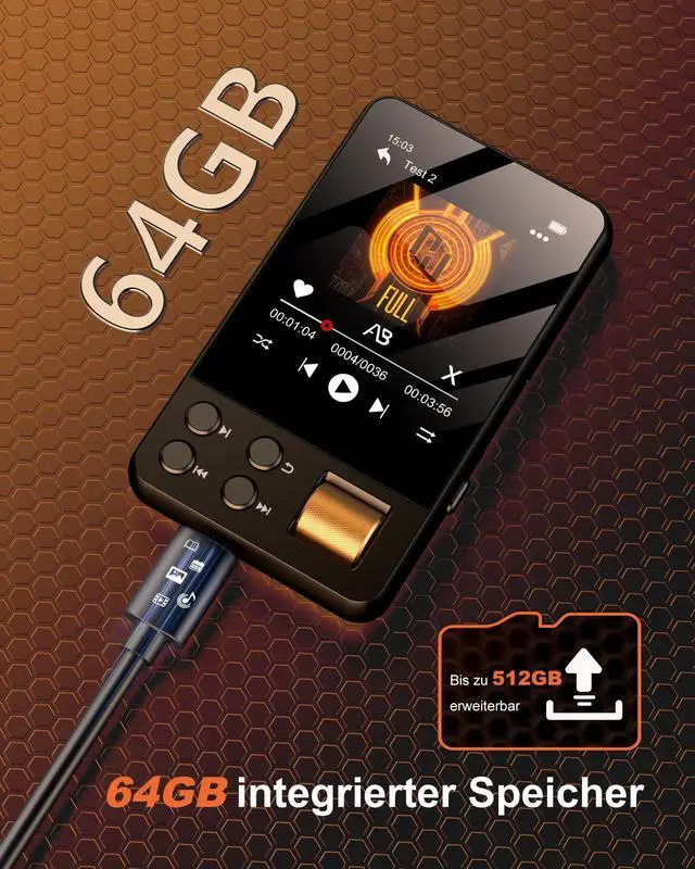Alt view image 6 of 7 - 64GB MP3 Player with Bluetooth 5.3, Music Player with Built-in HD Speaker, FM Radio, Voice Recorder, HiFi Sound, E-Book, Earphones Included