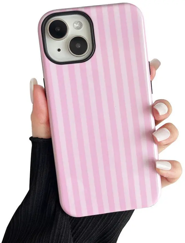 Main image of Compatible with iPhone 15 Case, Cute Fashion Aesthetic Striped Pattern Cover for Women, Shockproof Soft TPU and Hard PC Protective Phone Case for iPhone 15 6.1"- Pink
