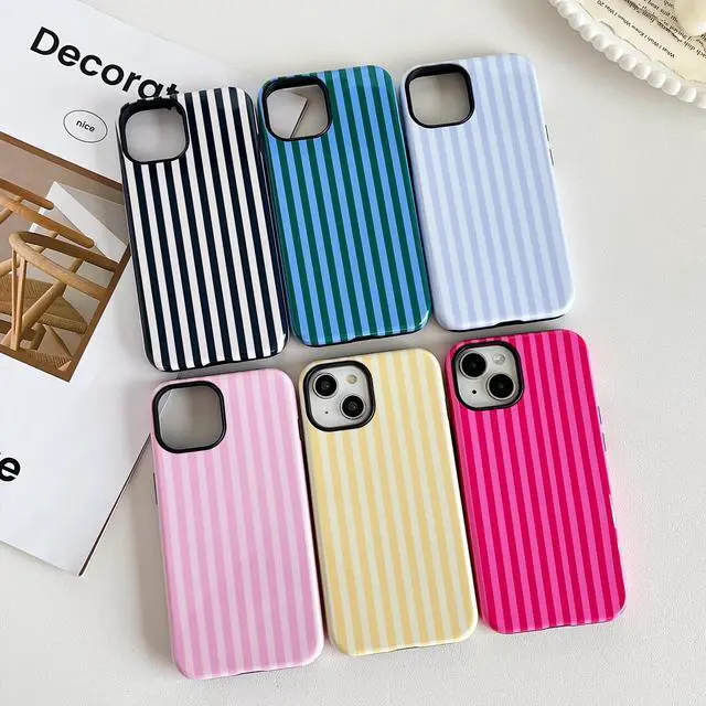 Alt view image 2 of 7 - Compatible with iPhone 15 Case, Cute Fashion Aesthetic Striped Pattern Cover for Women, Shockproof Soft TPU and Hard PC Protective Phone Case for iPhone 15 6.1"- Pink