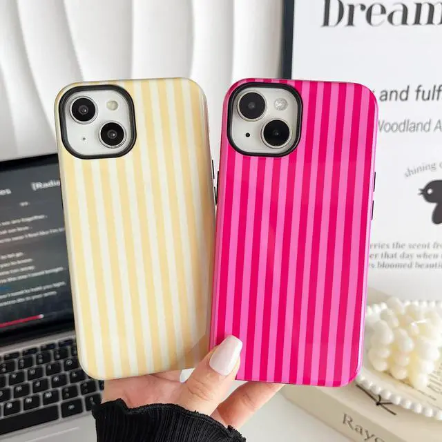Alt view image 5 of 7 - Compatible with iPhone 15 Case, Cute Fashion Aesthetic Striped Pattern Cover for Women, Shockproof Soft TPU and Hard PC Protective Phone Case for iPhone 15 6.1"- Pink