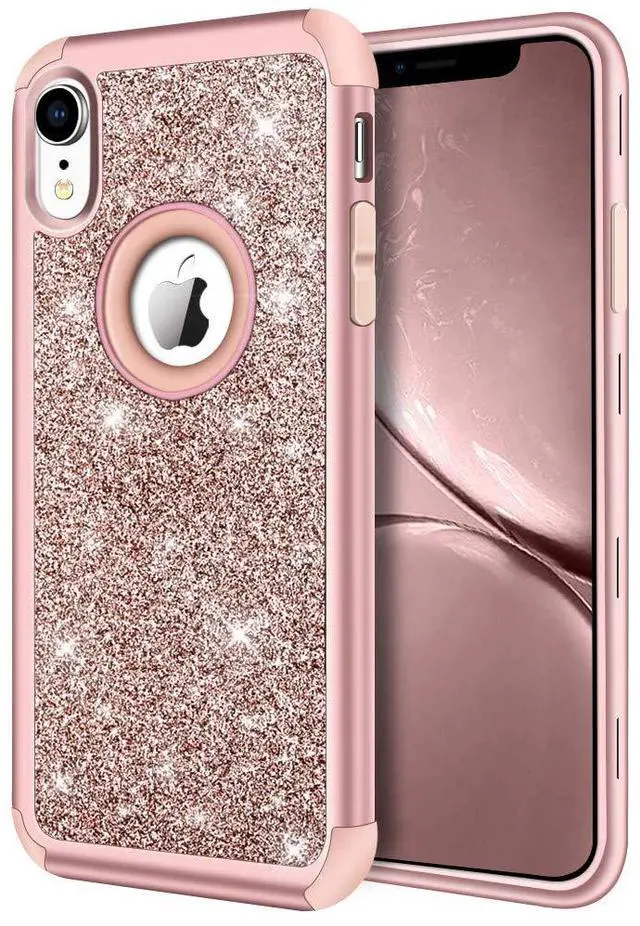 Main image of Compatible with iPhone XR Case, Heavy Duty Full-Body Defender Protective Bling Glitter Sparkle Hard Shell Armor Hybrid Shockproof Silicone Rubber Bumper Cover for 6.1-Inch, Rose Gold
