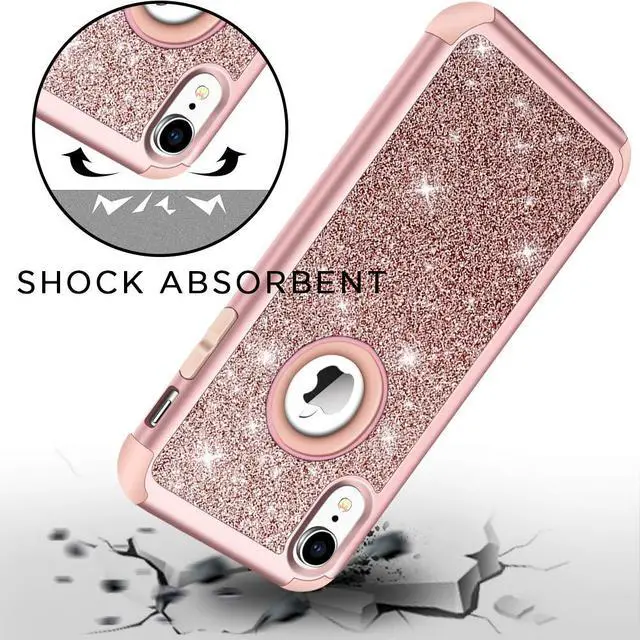 Alt view image 2 of 7 - Compatible with iPhone XR Case, Heavy Duty Full-Body Defender Protective Bling Glitter Sparkle Hard Shell Armor Hybrid Shockproof Silicone Rubber Bumper Cover for 6.1-Inch, Rose Gold