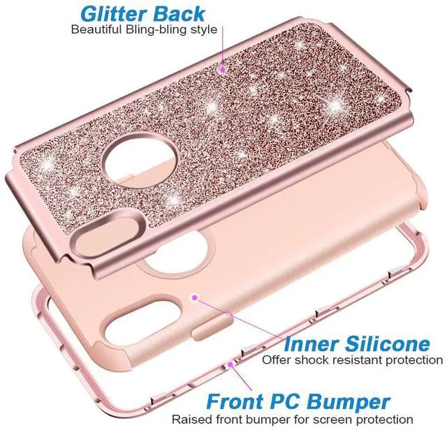 Alt view image 3 of 7 - Compatible with iPhone XR Case, Heavy Duty Full-Body Defender Protective Bling Glitter Sparkle Hard Shell Armor Hybrid Shockproof Silicone Rubber Bumper Cover for 6.1-Inch, Rose Gold